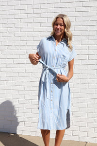 Stripe Chambray Collared Tie Belt Strap Midi Dress