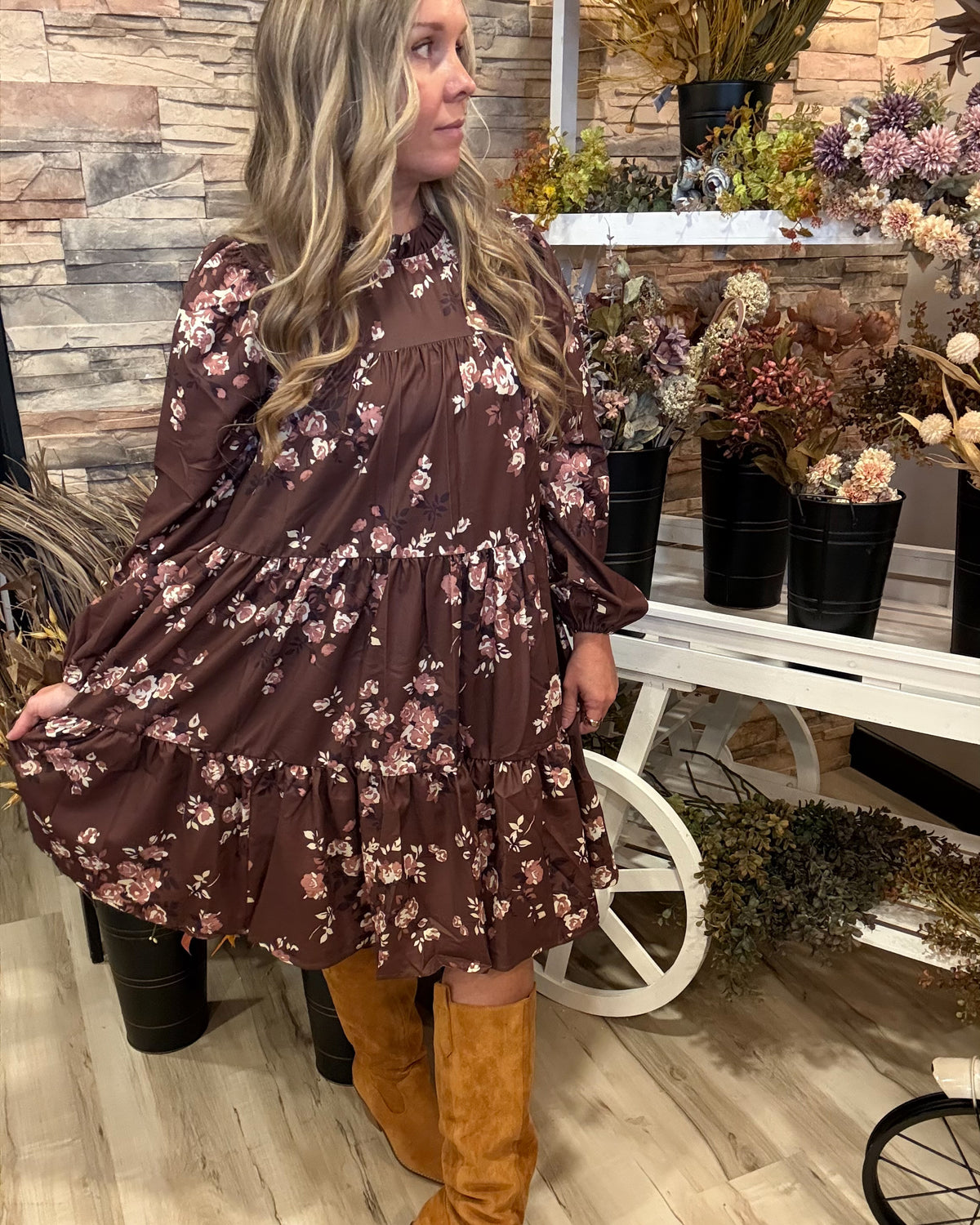 Vintage Brown Floral Woven Dress With Pockets