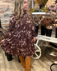 Vintage Brown Floral Woven Dress With Pockets