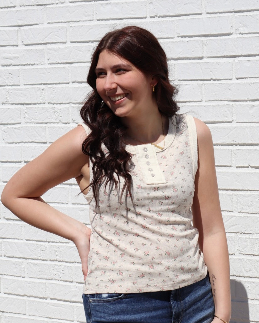 Floral Printed Knit Tank - Oatmeal