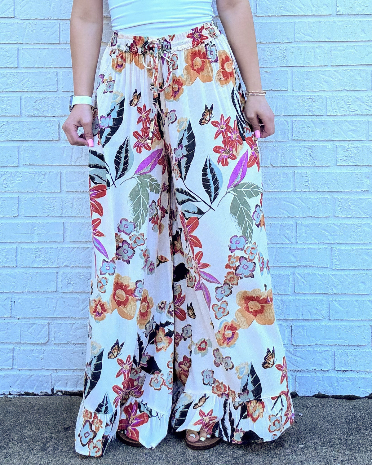 Floral Print Wide Leg Pants-Ivory