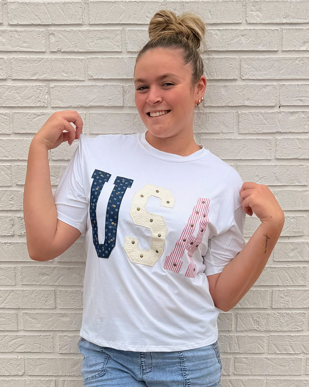Mixed Media Studded USA Graphic Tee