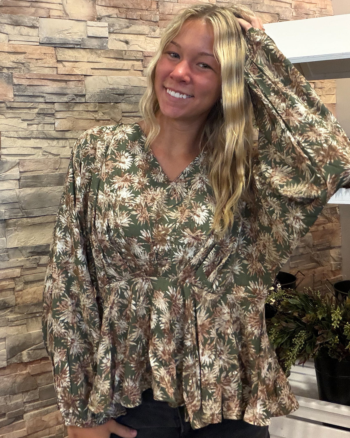 Floral Print V Neck Cinch Waist Top-Olive