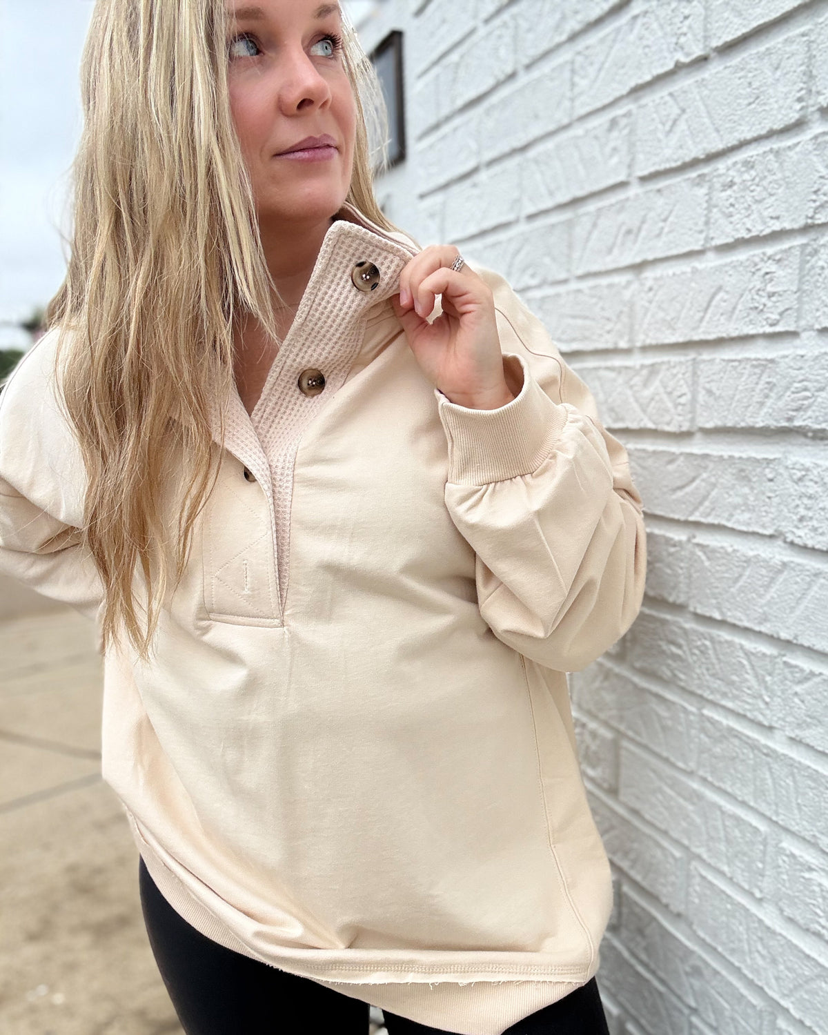 Waffle Collared Long Sleeve - Cream