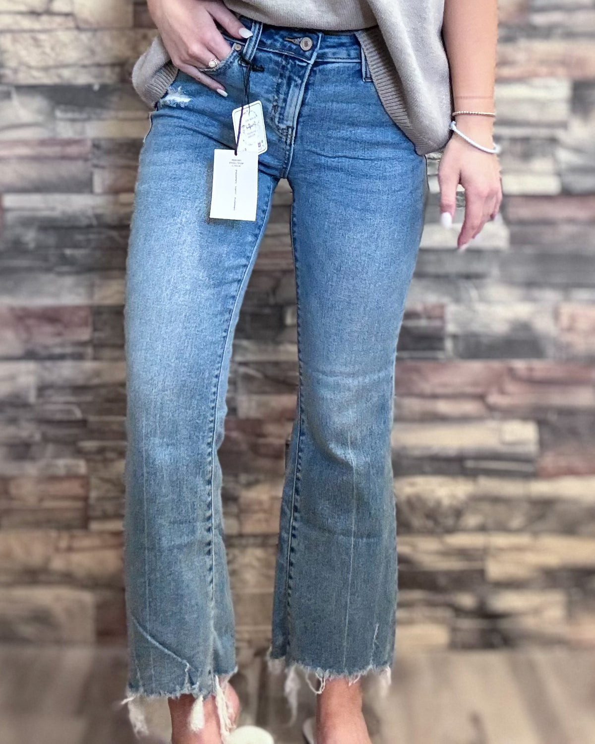 Medium Washed Kick Crop Flare Denim Pants