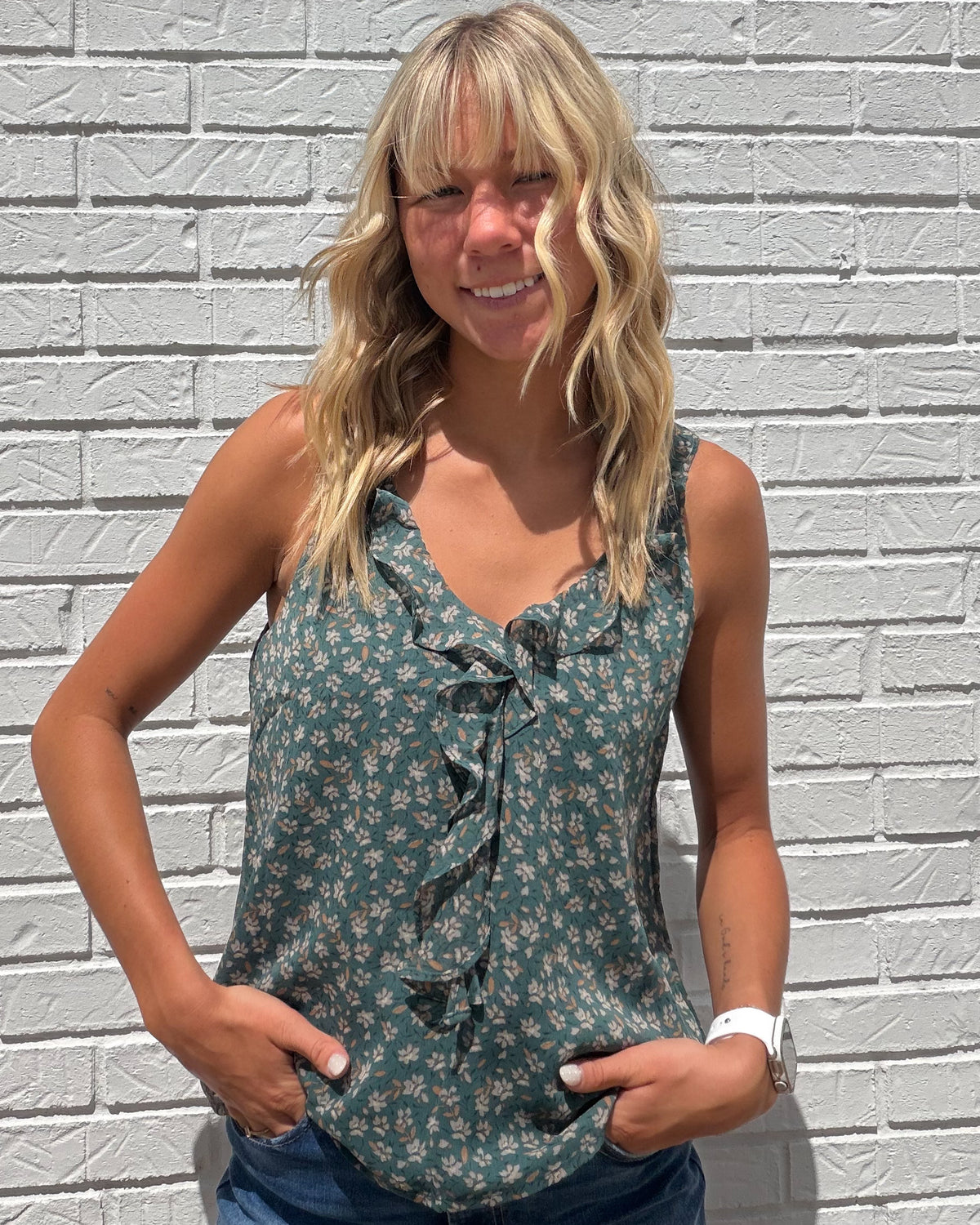 Agave Green Floral Print Chiffon Ruffle Tank Top