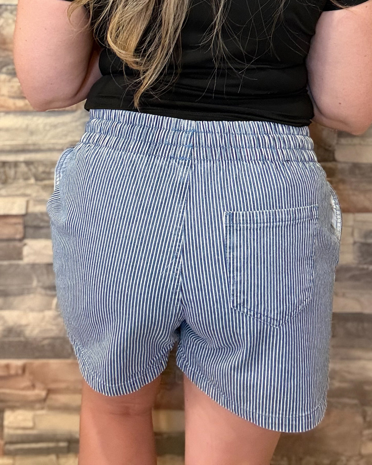 Blue Stripe Drawstring Elastic Waist Casual Denim Shorts