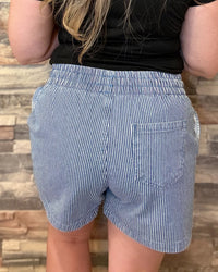 Blue Stripe Drawstring Elastic Waist Casual Denim Shorts