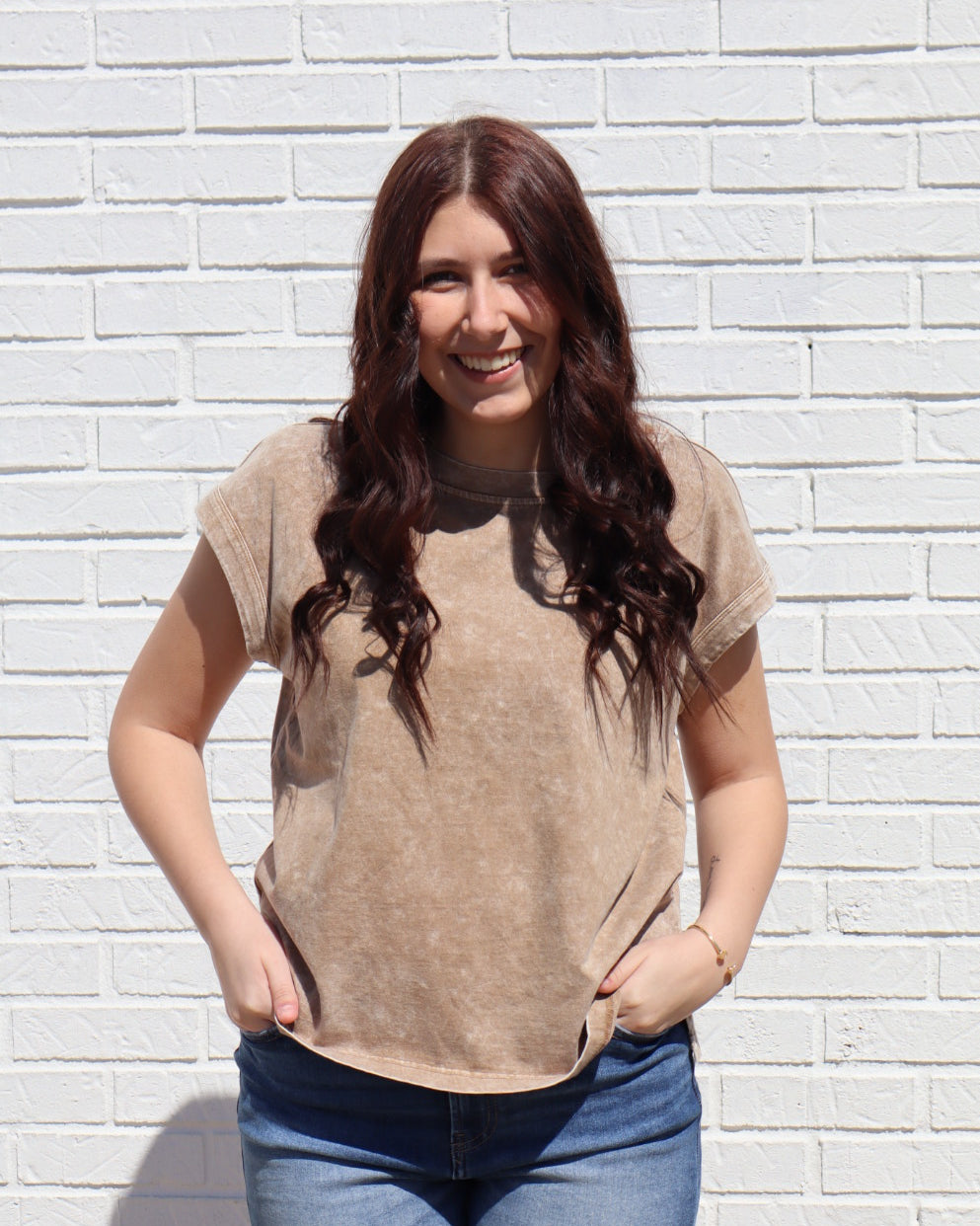 Washed Extended Shoulder Knit T-Shirt-Brown