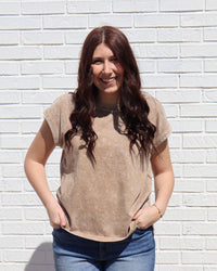 Washed Extended Shoulder Knit T-Shirt-Brown