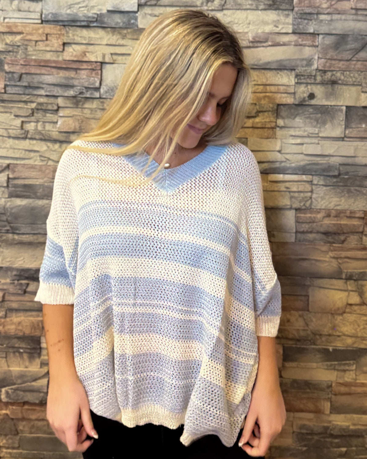 Cloud Harbor Stripe Crochet Pullover-Ivory