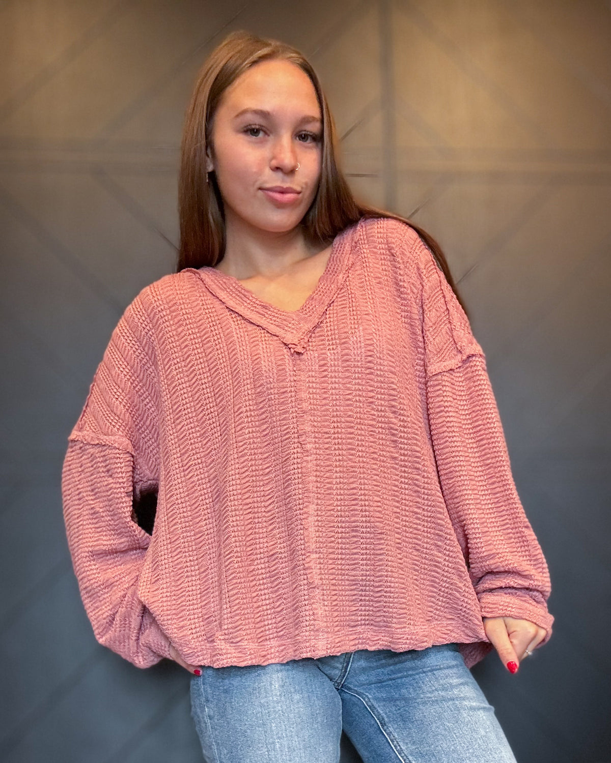Mauve Open Weave V-Neck Top