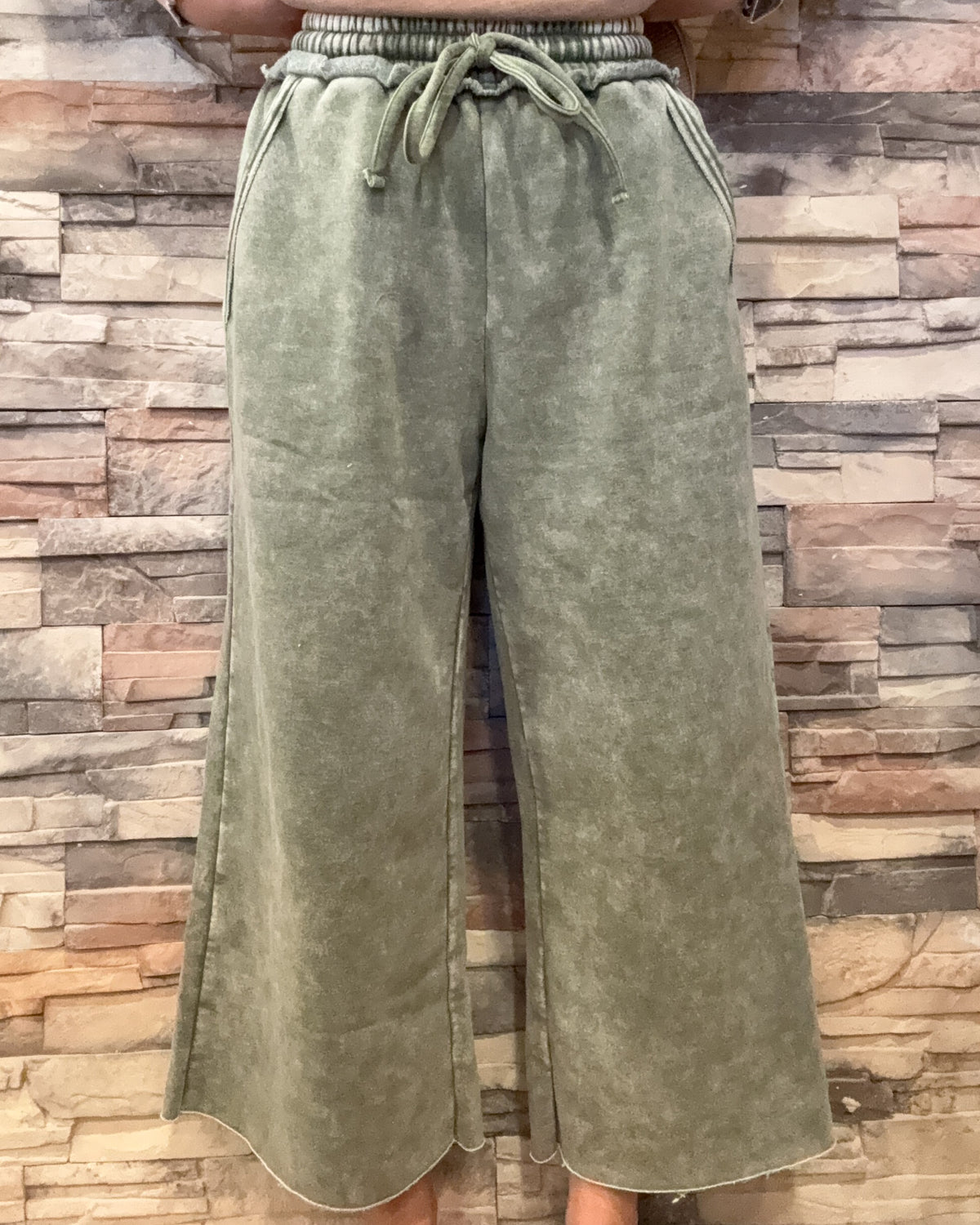 Light Olive Acid Wash Fleece Palazzo Pants
