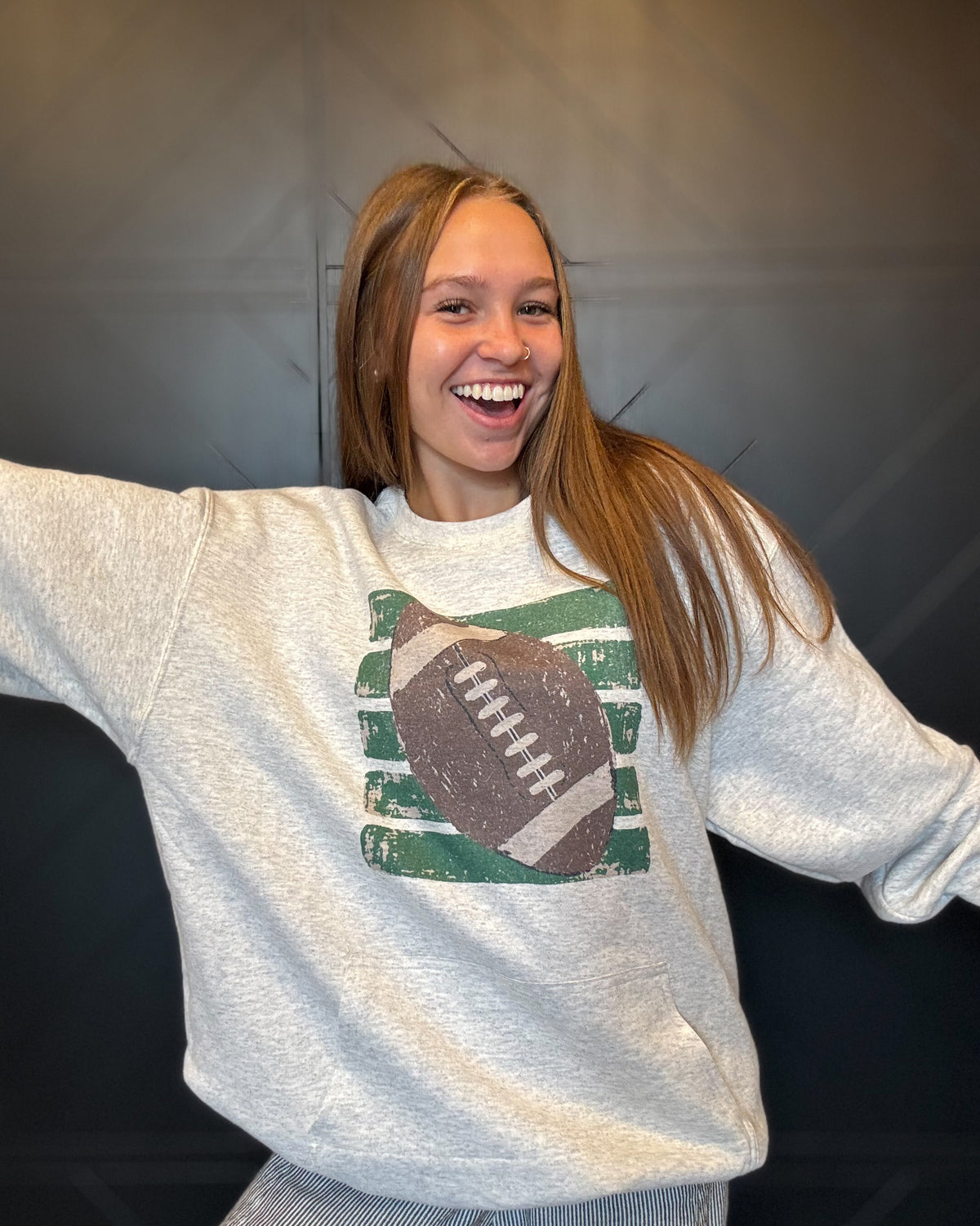 Green Stripe Football-Oatmeal Crewneck with pockets