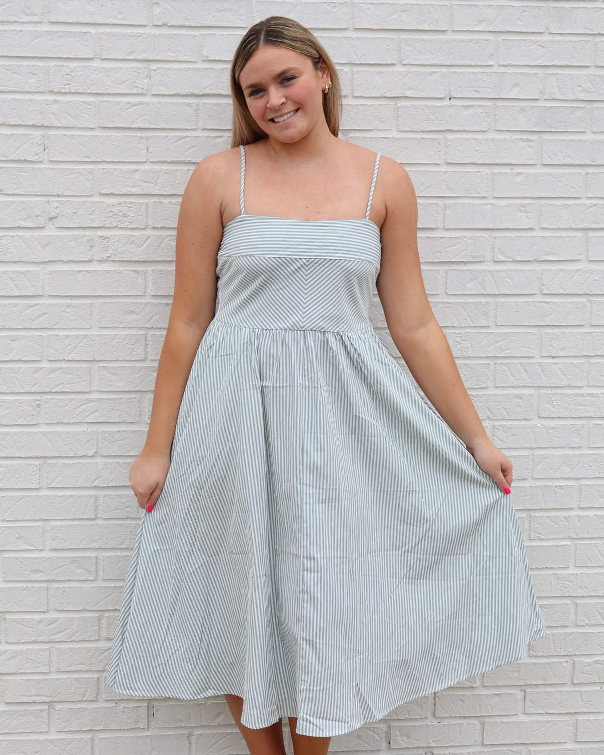 Striped Spaghetti Strap Dress - Sage Green
