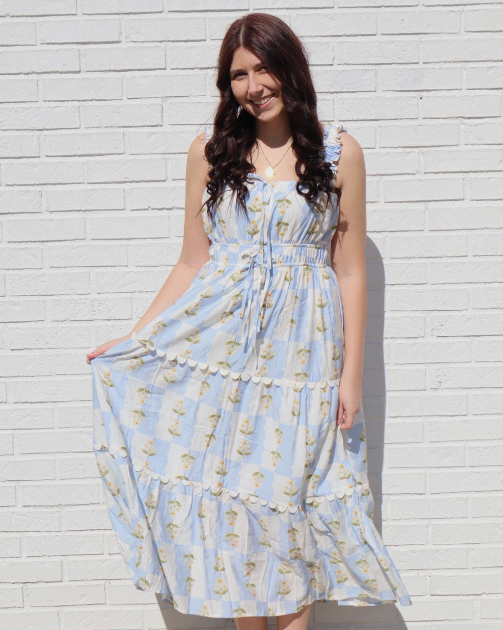 Floral Contrast Sleeveless Midi Dress - Blue