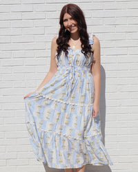 Floral Contrast Sleeveless Midi Dress - Blue