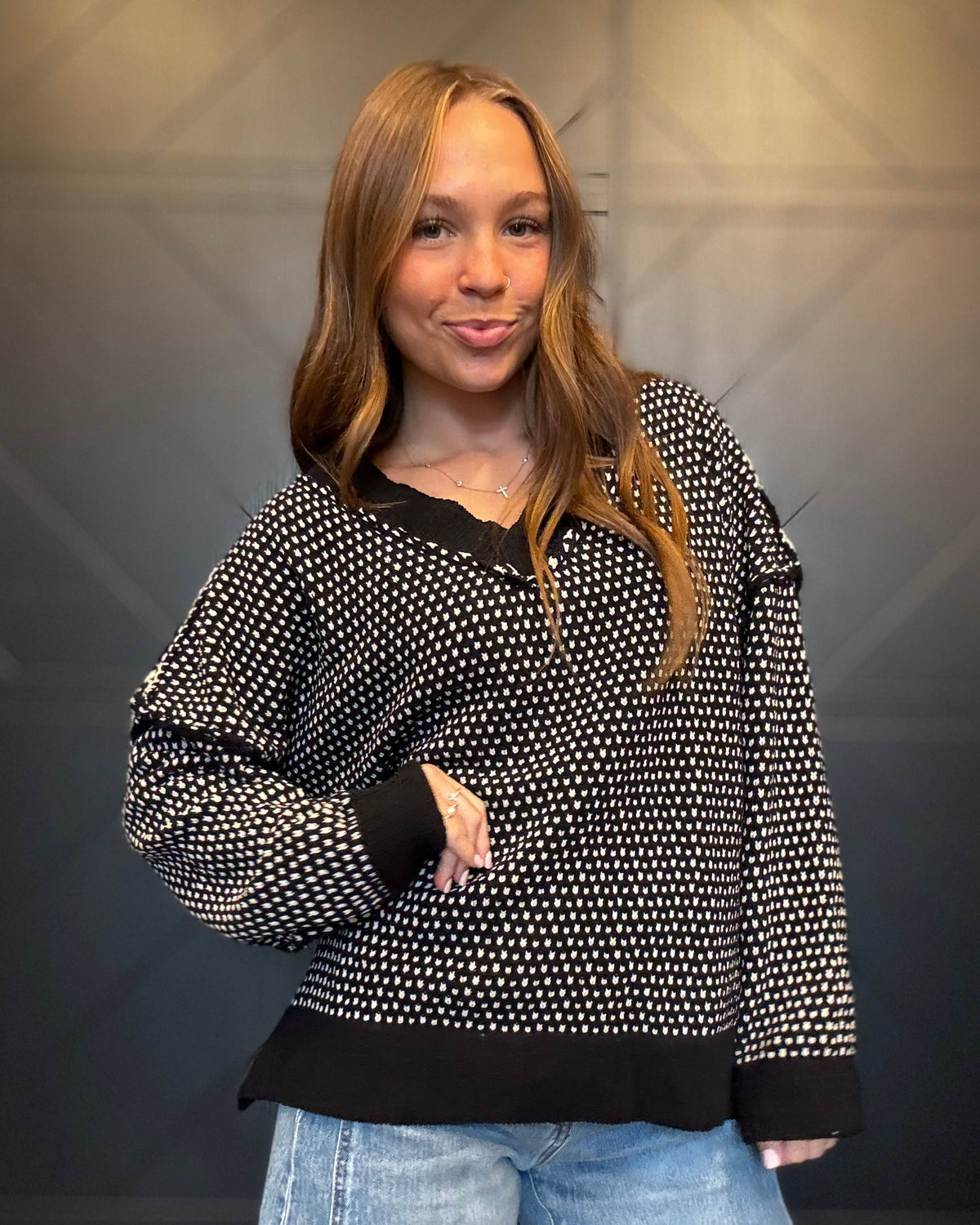 Black Contrast Stitch Reversible V-Neck Sweater