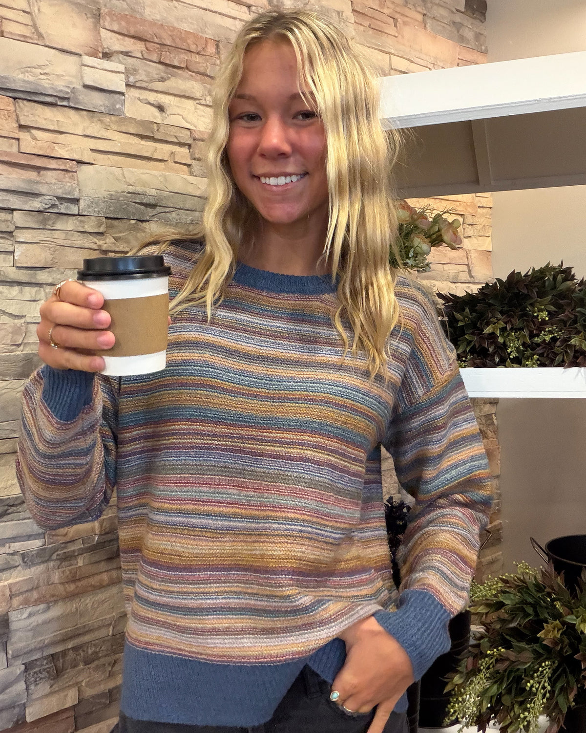 Denim Multi Color Striped Sweater Top