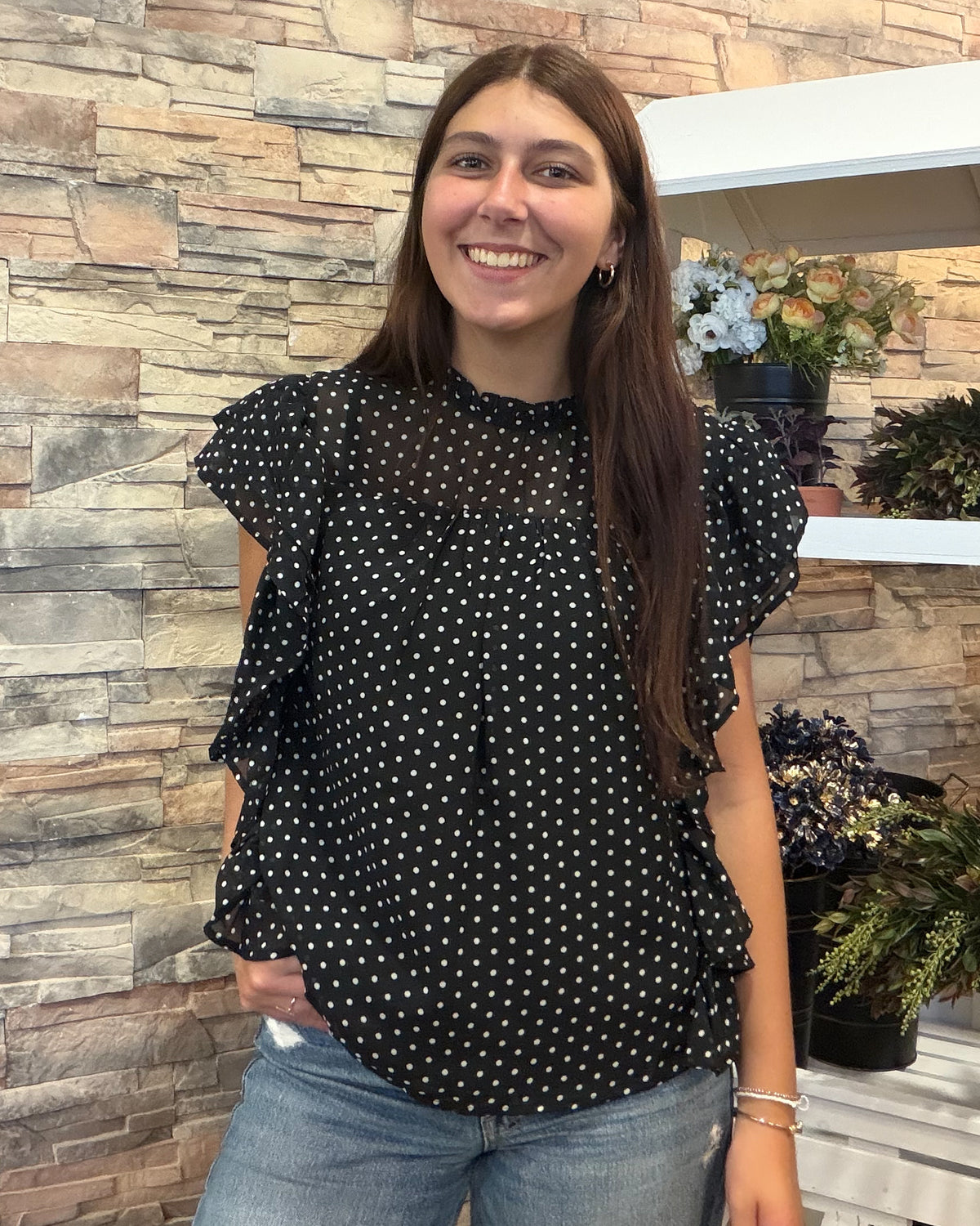 Frilly Polka Dot Voile Top-Black/White