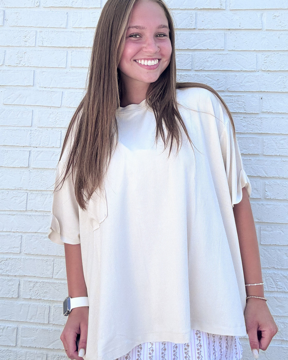 Sand Beige Oversized Ribbed Round Neck Tee