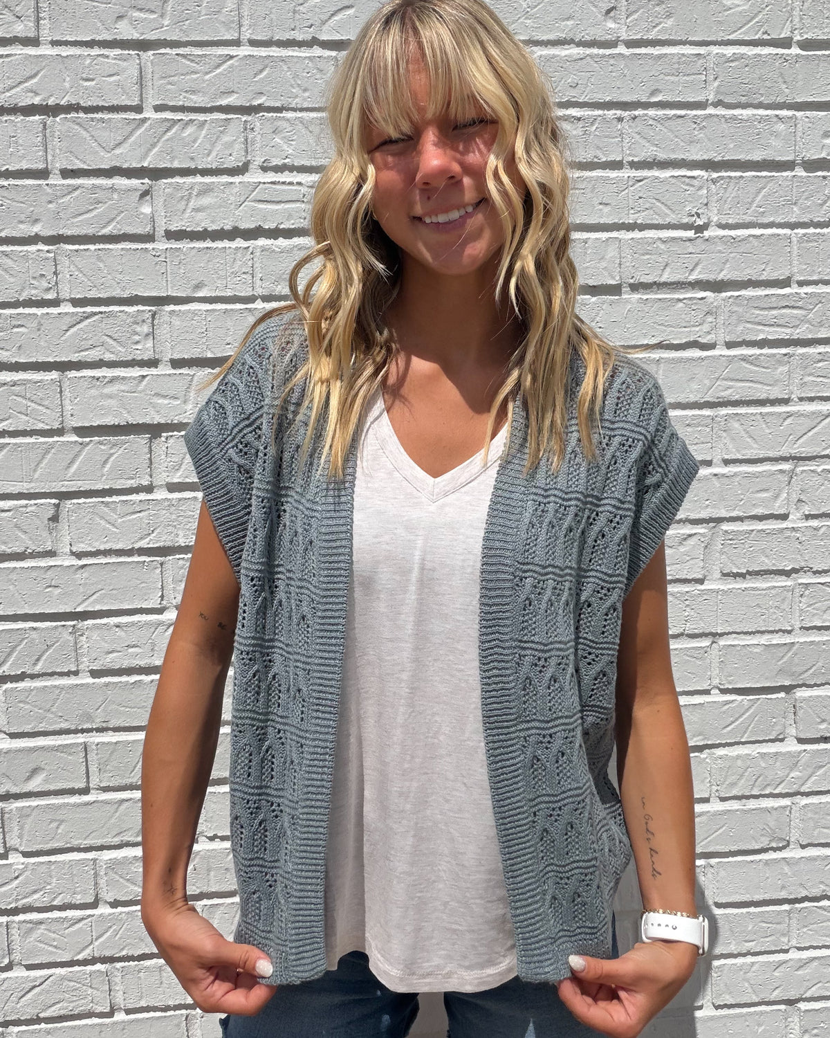 Teal Crochet Knit Open Cardigan