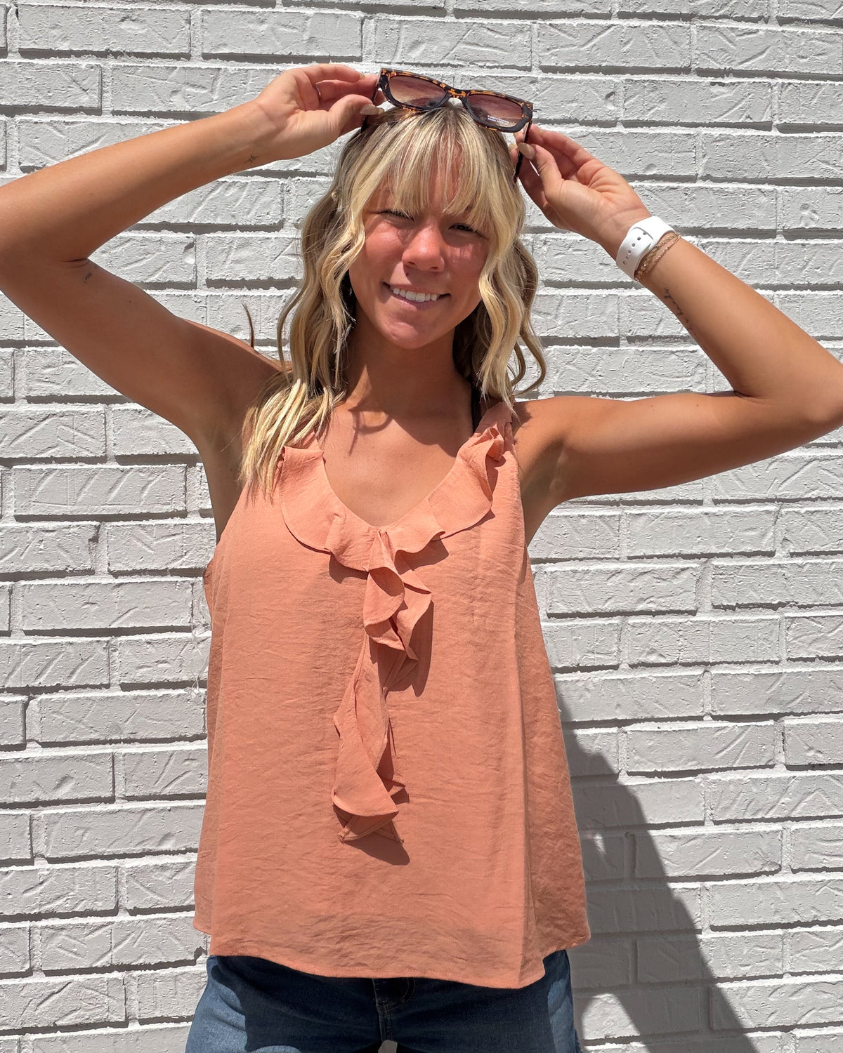 Apricot Crinkled Chiffon Ruffle Tank Top