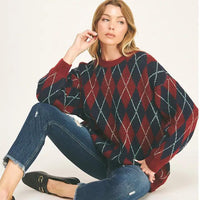 Checkered Crewneck Pullover - Navy/Burgundy