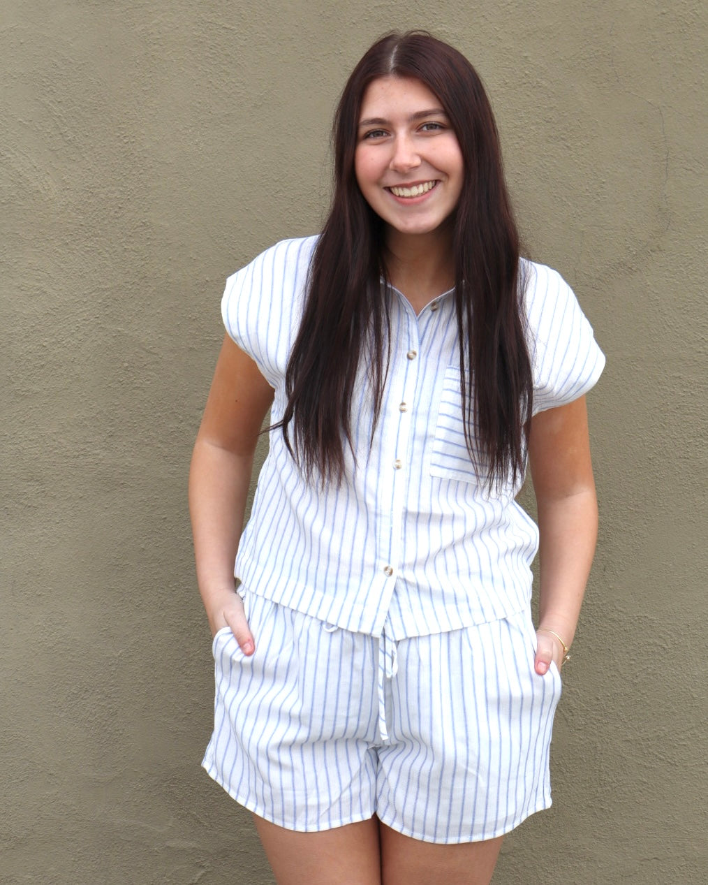 Striped Drawstring Shorts- Blue
