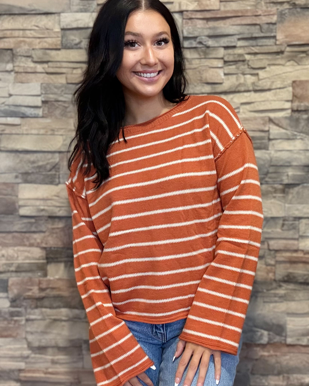 Striped Loose Fit Long Sleeve Sweater - Pumpkin