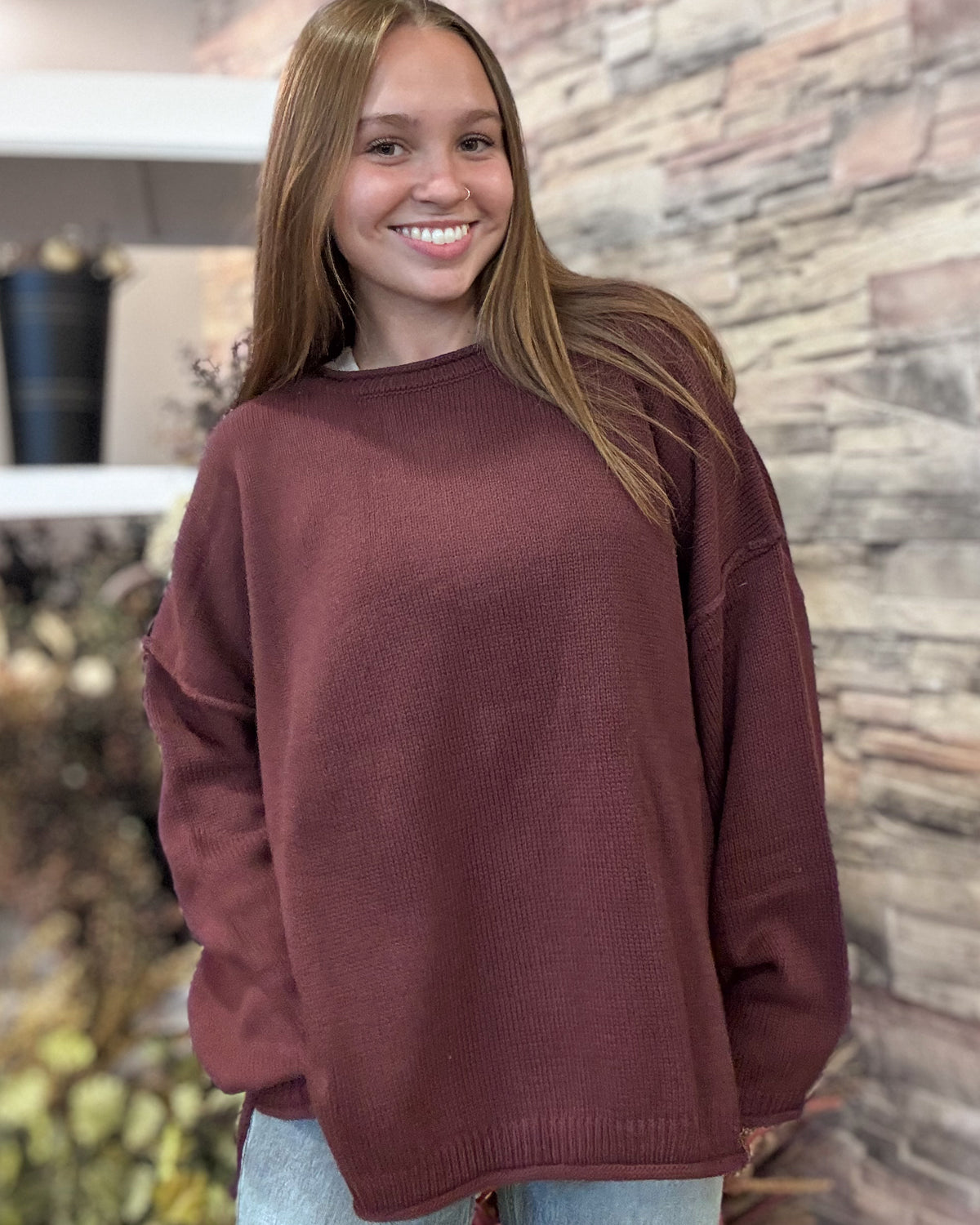 OxBlood Raw Edge Extended Long Sleeve Sweater