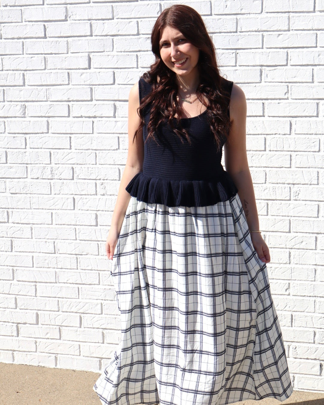 Knit Peplum Plaid Skirt Sleeveless Midi Dress-Navy