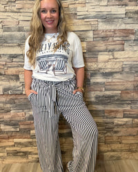 Black Stripe Tied High Waist Loose Straight Casual Pants