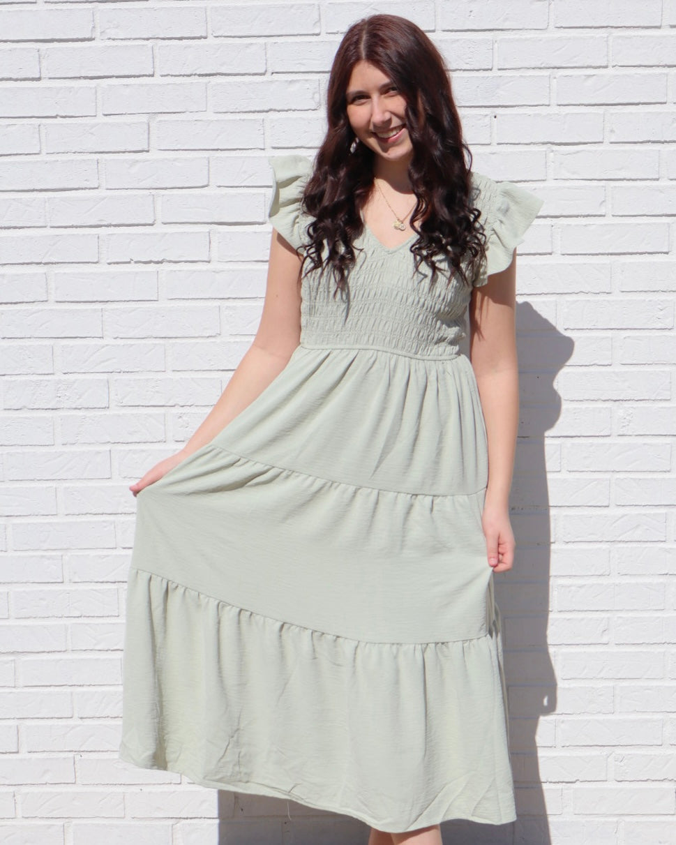 Flutter Sleeve Smocked Midi Dress - Olive