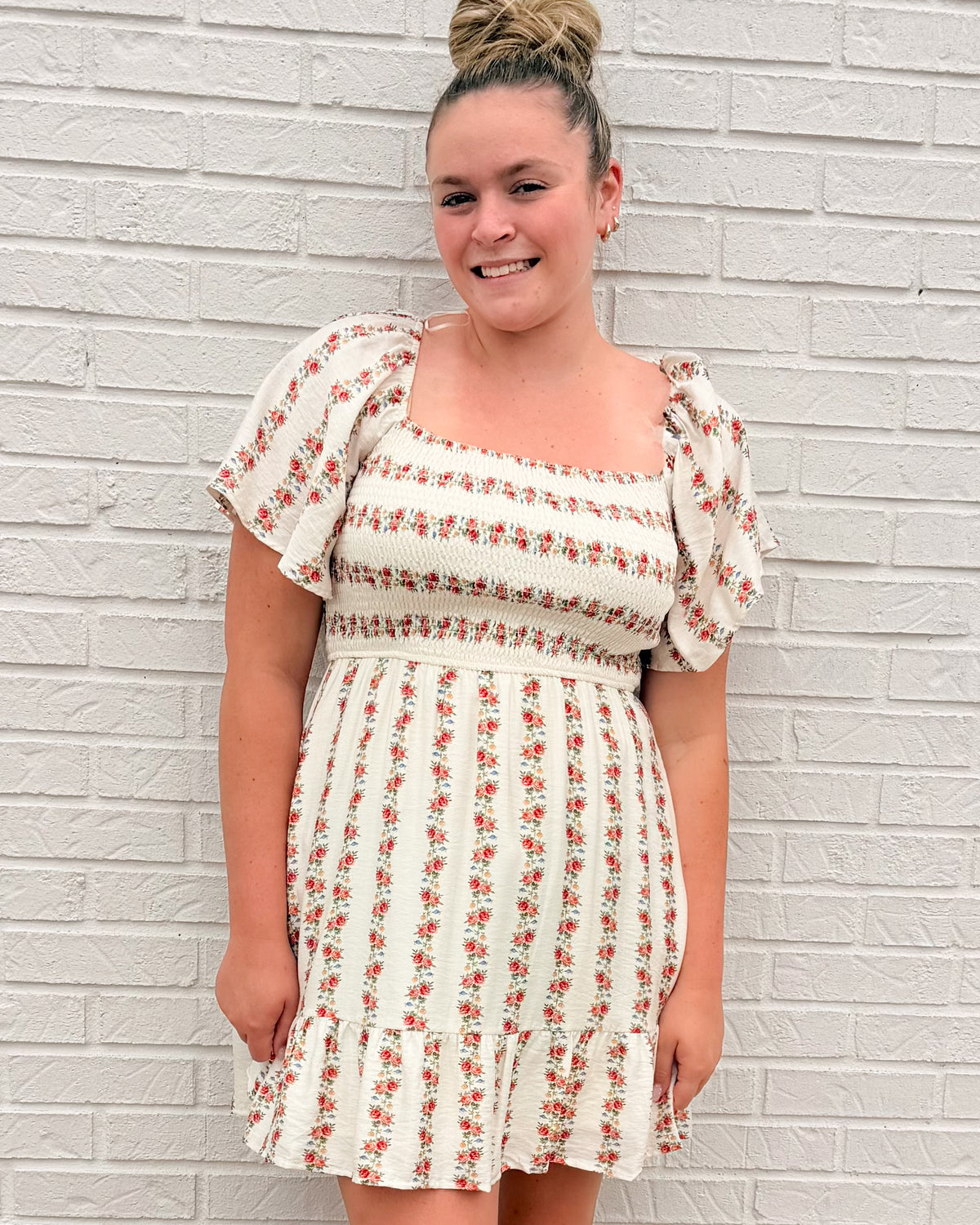 Floral Smocked Bodice Flutter Dress