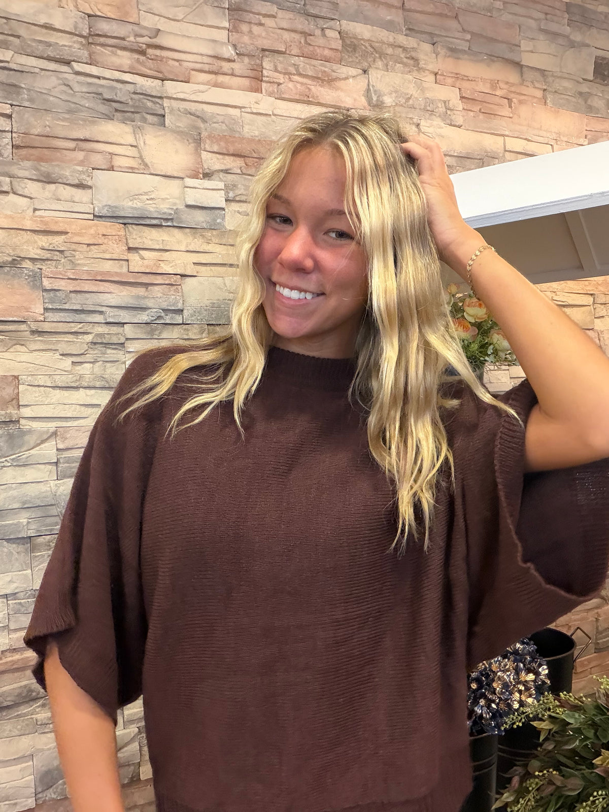 Cape Shaped Wool Blend Sweater-Chocolate