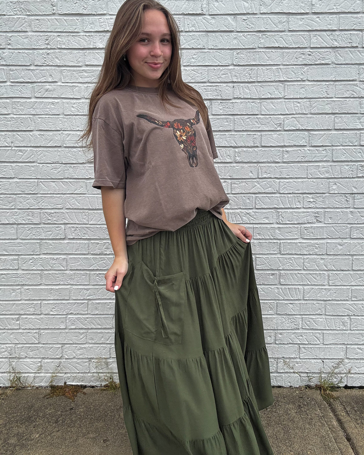 Ladies Boho Elastic Waist Smock Skirt-Army