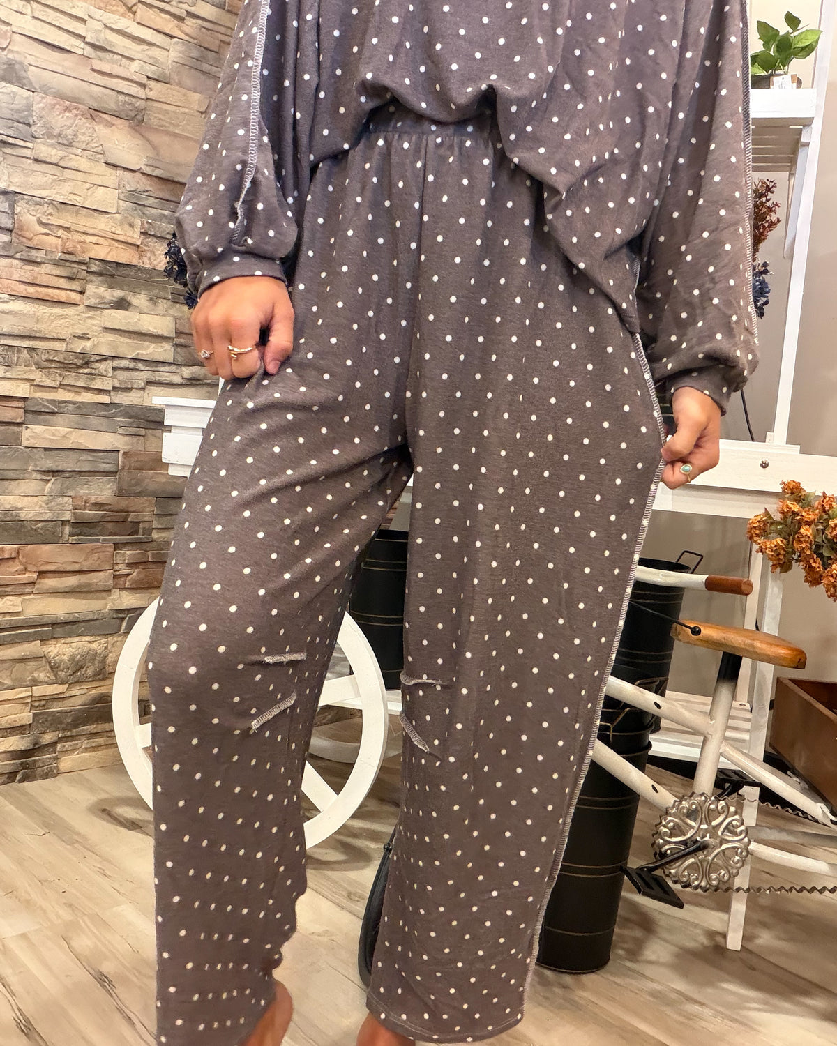 Elastic Wasit Polka Dot Barrel Pants-Brown