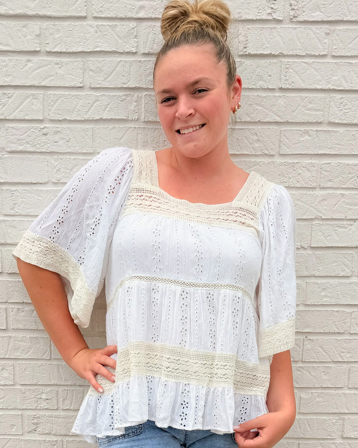 Lace Trim Square Neck Blouse-White