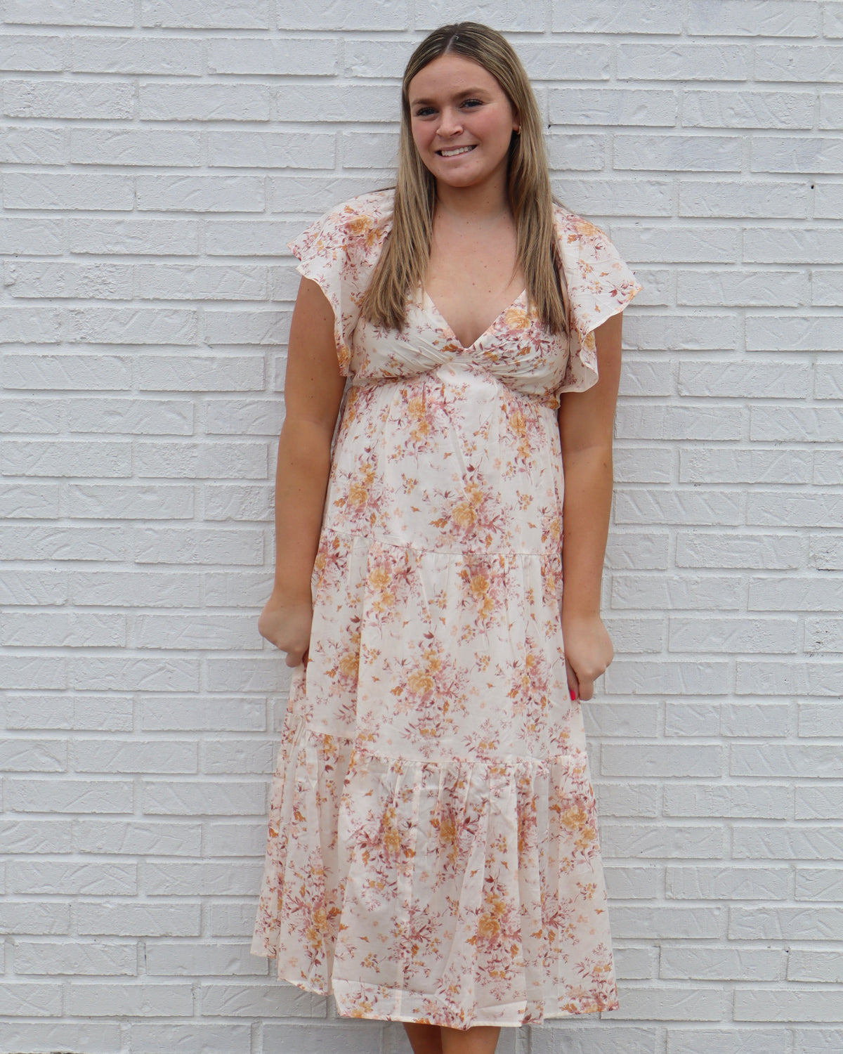 Tiered Floral Dress w/ Ruffle Sleeves - Taupe