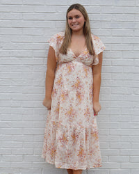 Tiered Floral Dress w/ Ruffle Sleeves - Taupe