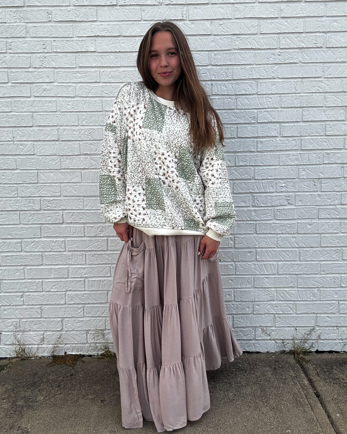 Ladies Boho Elastic Waist Smock Skirt-Light Khaki