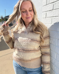 Mocha Wavy Stripe Botton Collar Brushed Sweater