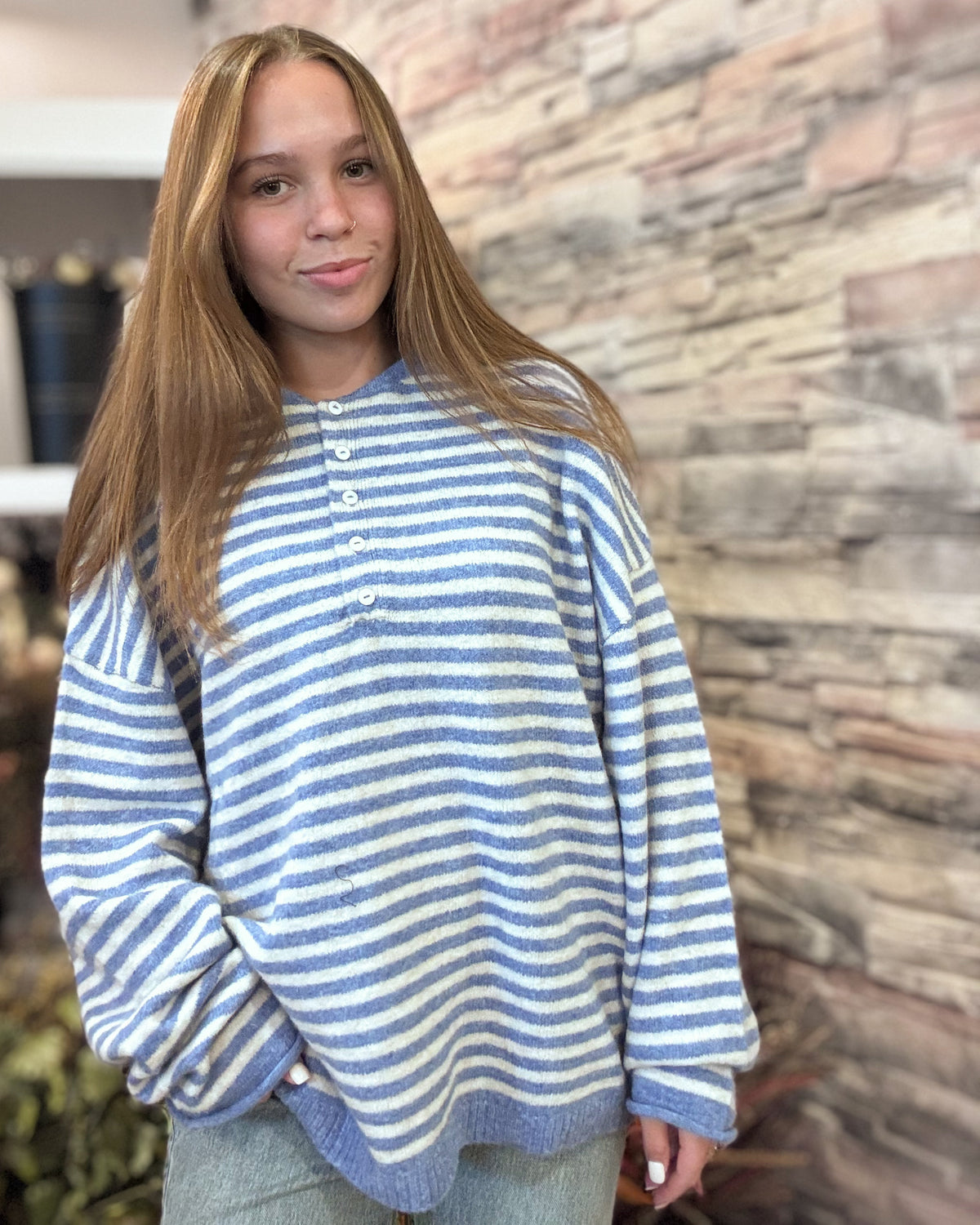 Blue Henley Stripe Drop Shoulder Top