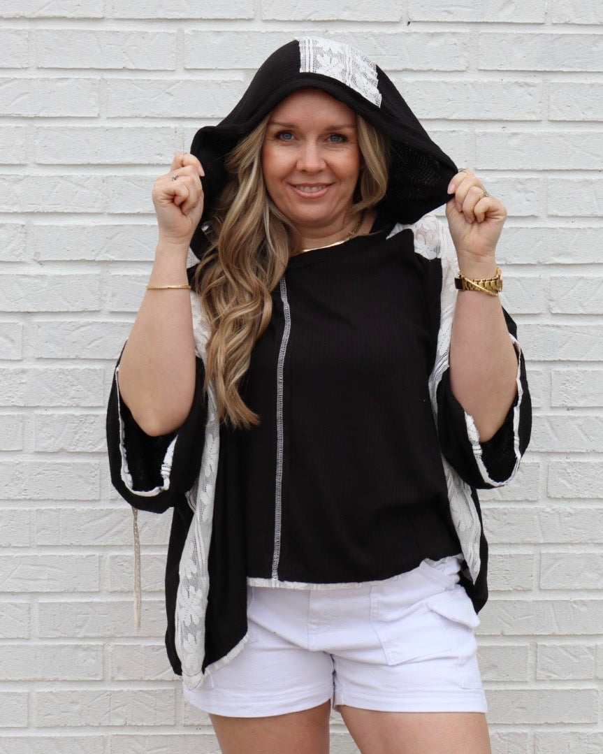 Lace Patch V-Neck Hoodie-Black