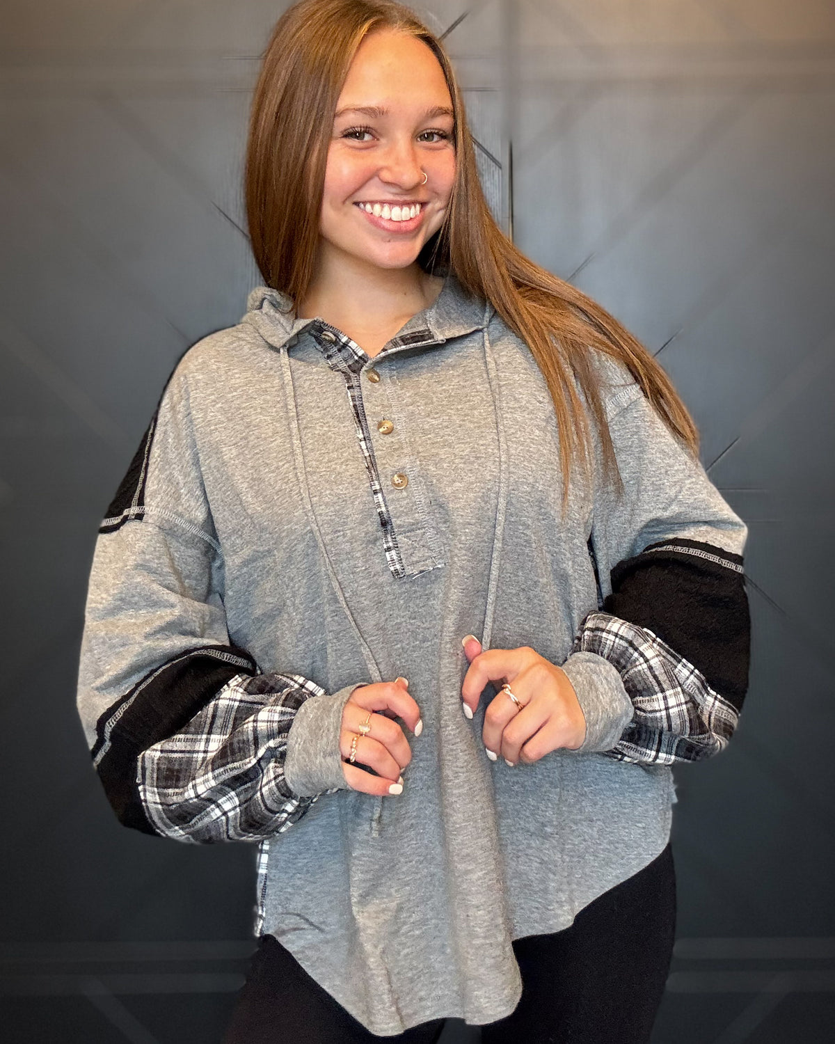 Grey Plaid Contrast Hoodie Pullover