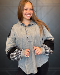 Grey Plaid Contrast Hoodie Pullover