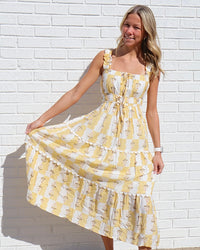 Floral Contrast Sleeveless Midi Dress - Yellow
