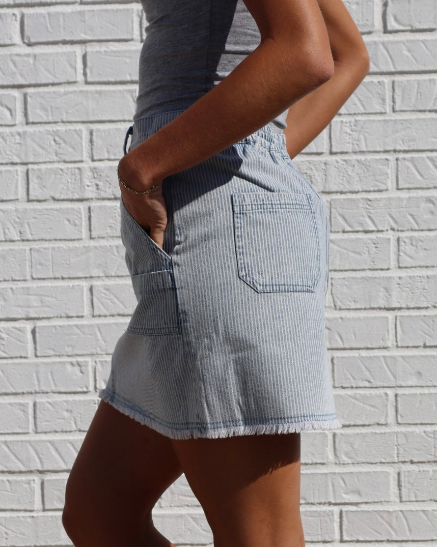 Mineral Washed Striped Mini Skirt - Light Denim