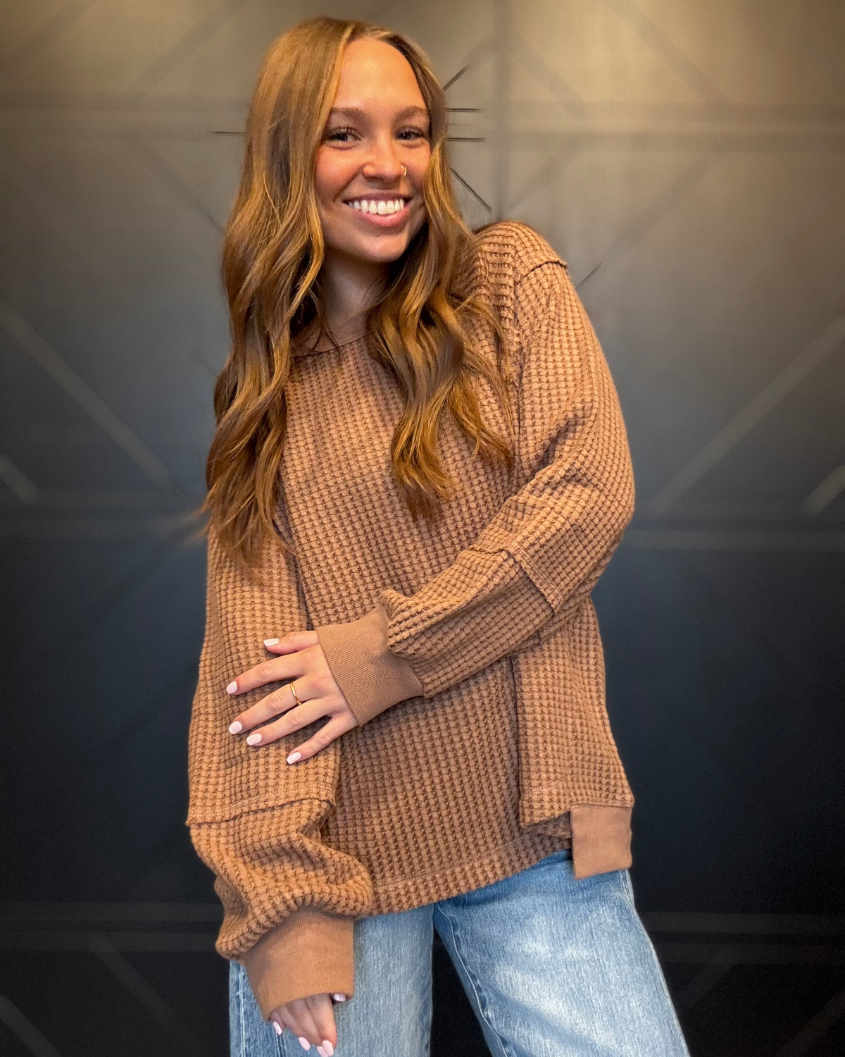 Waffle Patch Detail Pullover-Mocha